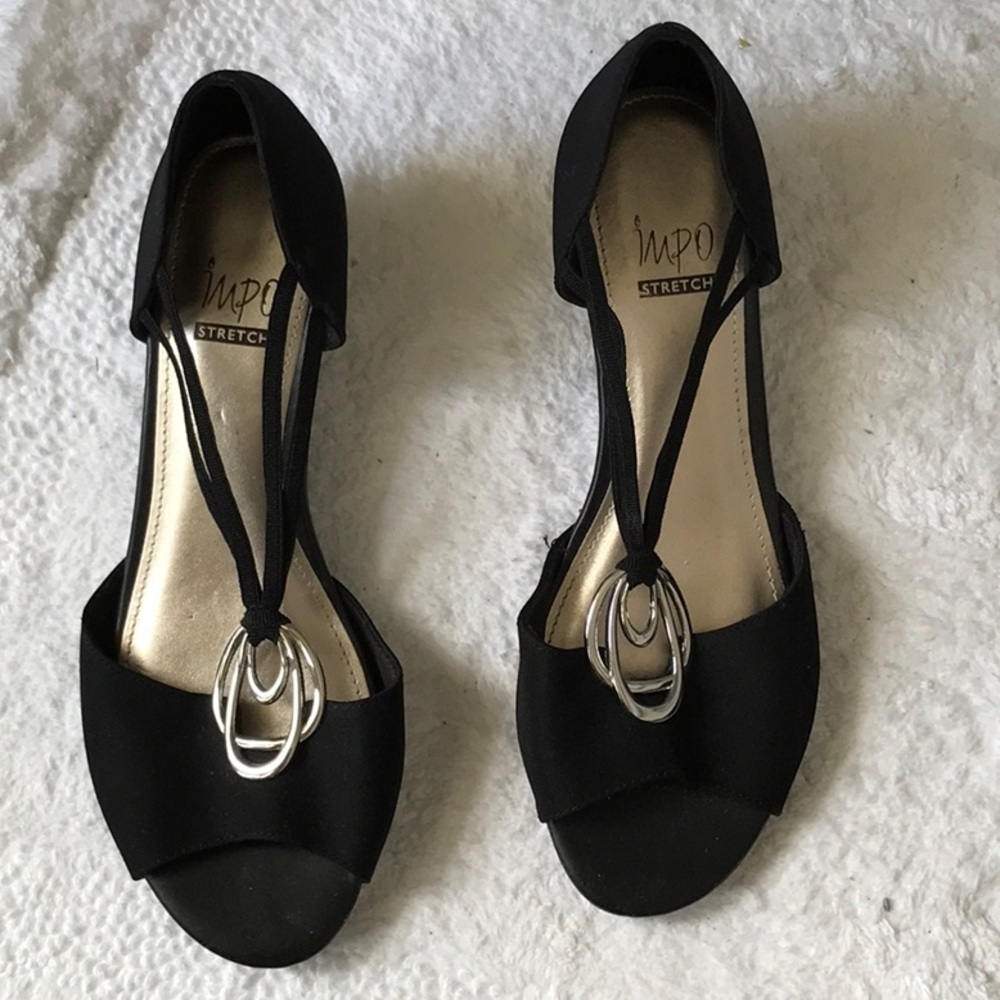 Impo Black T-Strap Sandals with Metallic Ornament